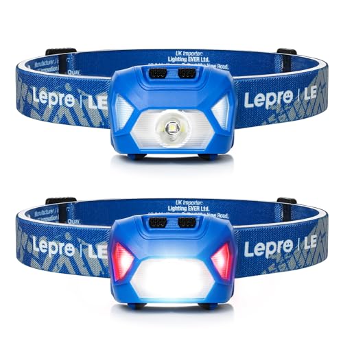 Lepro 320015 Battery Powered Headlamp - 1300Lux Super Bright LED Head Lamp with Red Light, IPX4 Waterproof Headlights for Outdoor Camping, Hiking, Hunting, Power Outages, Emergency, Hurricane - Blue - color: Blue-2 Pack