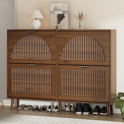 Shoe Storage Cabinet with 4 Flip Drawers, Narrow Wood Shoe Organizer Cabinet with Fluted Panel, Slim Shoe Rack for Entryway, Freestanding Shoe Cabinet for Living Room, Hallway, Walnut - color: Walnut, size: 4-Drawers
