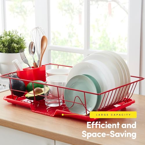 Sweet Home Collection Space-Saving 3-Piece Dish Drainer Rack Set: Efficient Kitchen Organizer for Quick Drying and Storage - Includes Cutlery Holder and Drainboard - Maximize Countertop Space, Red - color: Red