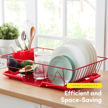 Sweet Home Collection Space-Saving 3-Piece Dish Drainer Rack Set: Efficient Kitchen Organizer for Quick Drying and Storage - Includes Cutlery Holder and Drainboard - Maximize Countertop Space, Red - color: Red