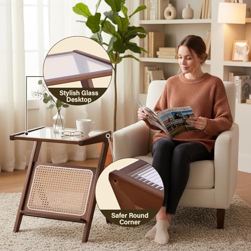 Tiita 2 Pack Rattan Side Table, Mid Century Nightstand, Bamboo Accent Bedside Tables, Glass Coffee Tables, Boho Wooden End Table with Storage for Small Space, Living Room and Bedroom - color: 2 Pack Rattan-s-brown