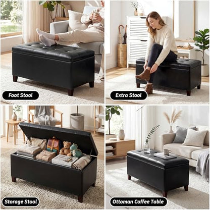 Joveco Storage Ottoman Bench, 33 Inches Faux Leather Rectangle Tufted Foot Stool for End Foot of Bed, Bedroom, Living Room, Black - color: Rectangular Black