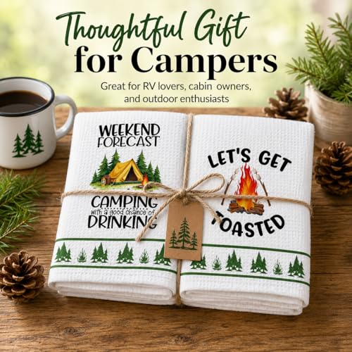 DETIHO 2 Pieces Camping Kitchen Towels, Happy Camper Dish Kitchen Towel - color: Multicolor