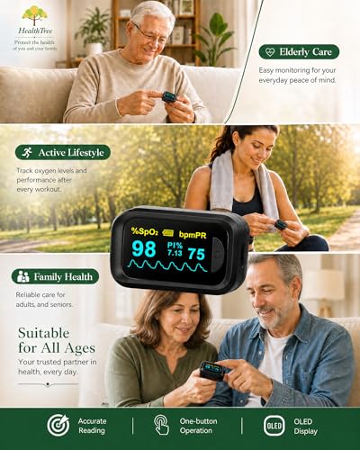 Healthtree JKS50B Pulse Oximeter Fingertip - Blood Oxygen monitor Fingertip with Perfusion Index, Fast 5-8s Reading, Large OLED Display, SpO2 & Heart Rate monitor for Home, Sports, Travel (Includes Batteries & Lanyard)
