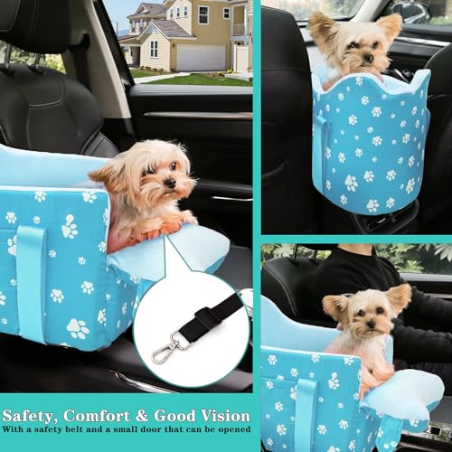 Center Console Dog Car Seat for Small Dogs Under 15lbs,Detachable Washable Booster Pet Car Seat Travel Bed with Storage Pockets and Seat Belt(Blue) - color: Blue