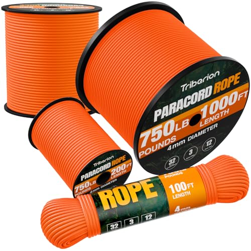 Paracord Rope 750 lb - 200ft 5/32" Parachute Cord 4MM 12-Strand para Cord - Heavy Duty Spool String for Survival,Camping Gear, Survival Bracelet, Clothesline - Orange - color: Orange, size: 200ft