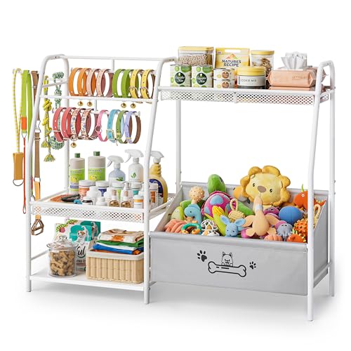 Large Dog Toy Basket with Dog Storage Organizer, Trapezoid Dogs Toy Bin Box with Collar Leash Holder Hook, Toy Holder Chest Pet Storage Cabinet for Living Room, Dogs Essentials for Pet Lovers Gift - color: White