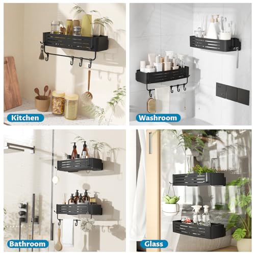 Onemake Suction Cup Shower Caddy, Suction Shower Shelf with Portable Hooks, Bath Organizer with Towel Bar for Bathroom Storage(Matte Black) - style: 1 Tier-Black Square Caddy