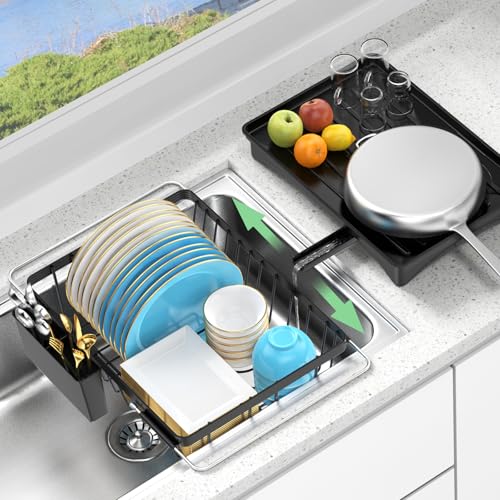 LEMIKKLE Roll Up Dish Drying Rack, Over The Sink Dish Drainer Rack, Foldable Sink Drying Rack, Anti-Slip Silicone Wrapped Dish Drainer for Kitchen Counter - color: Silicone Black