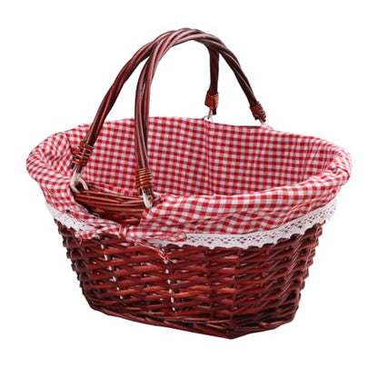 GNIEMCKIN 1 Pack 14.2 Inch Wicker Basket with Handle, Wicker Picnic Baskets with Red Checkered Liner, Oval Willow Woven Basket for Fruit, Wine, Wedding, Picnic(Brown Color) - size: 1 Pack 14.2 Inch Brown