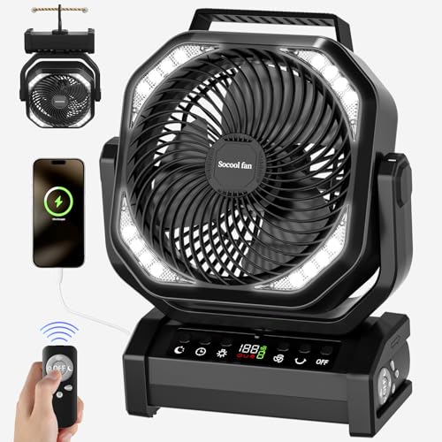 Socool Camping Fan with Light, 20000mAh Rechargeable Battery Fan with Remote, 112Hrs & 8 Speeds, Digital Display, Timer, Auto Oscillation, 270° Pivot & Hook for Outdoor Tent, Hurricane, Power Outage - color: Black, size: 8.5inch