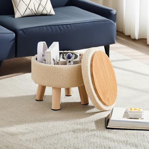 Wimarsbon Storage Ottoman, Modern Round Footrest with Soft Padded Seat, Teddy Velvet Footstool with Wood Legs, Accent Small Table or Plant Stand for Hallway, Living Room (Off-White) - color: Off-white