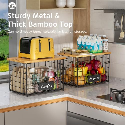 keomaisyto 2 Set XL Stackable Wire Baskets with Bamboo Top- Pantry Organizers and Storage, Kitchen Organization Counter Storage Bins for Potato/Onion/Fruit/Vegetable/Produce, Under Sink Organizing - size: XL-17.28x13.15x8.43