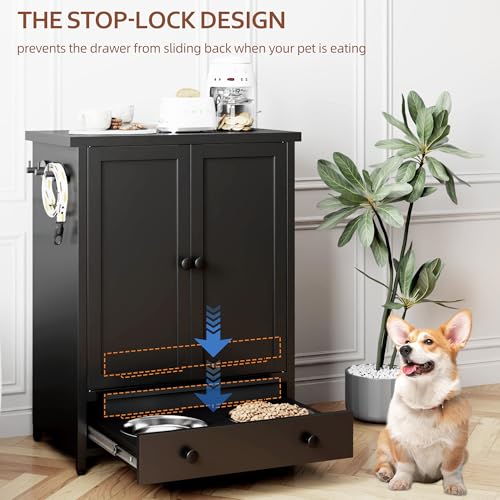 Dog Feeding Station with Storage, Metal Dog Food Storage Cabinet with 2 Elevated Bowls and 3 Hooks, Pet Feeding Station and Food Storage Organizer, Black - size: Metal Black