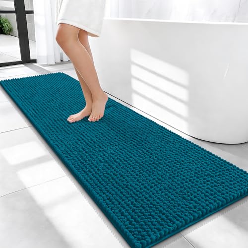 OLANLY Thick Bathroom Runner Rugs 59x20, Extra Soft Absorbent Chenille Bath Rugs, Rubber Backing, Machine Wash Dry, Long Bath Mats for Bathroom, Tub and Shower, Home Decor Accessories, Peacock Blue - color: Peacock Blue, size: 59" X 20"