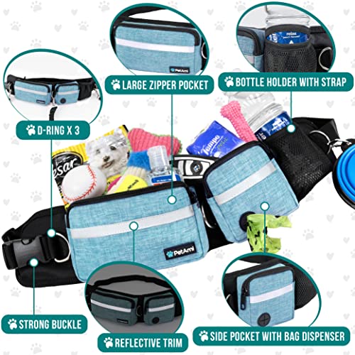 PetAmi Hands Free Dog Leash, Dog Running Leash Belt Bag for Walking, Jogging, Dog Waist Double Zipper Pouch with Poop Bag Dispenser, Dual Padded Handles Reflective Bungee Leash, Single (Turquoise) - color: Turquoise, size: 1 Leash