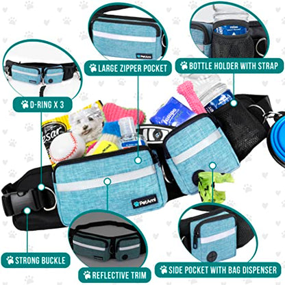 PetAmi Hands Free Dog Leash, Dog Running Leash Belt Bag for Walking, Jogging, Dog Waist Double Zipper Pouch with Poop Bag Dispenser, Dual Padded Handles Reflective Bungee Leash, Double (Turquoise) - color: Turquoise, size: 2 Leashes