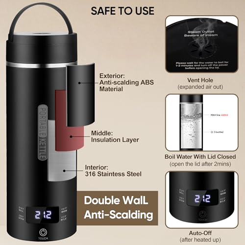 Travel Electric Kettle Portable Small Hot Water Boiling Tea Coffee Warmer Heater 450ML, 316 Stainless Steel, 4 Temperature Presets LCD Display Fast Boiler & Auto Shut-Off & Boil Dry Protection (Black) - color: Black