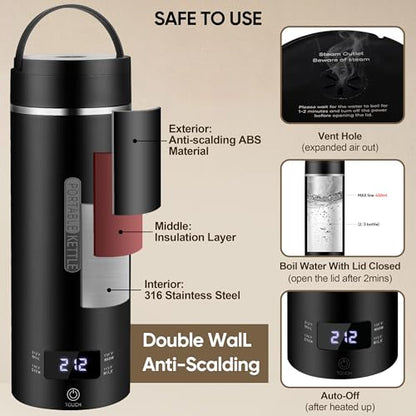 Travel Electric Kettle Portable Small Hot Water Boiling Tea Coffee Warmer Heater 450ML, 316 Stainless Steel, 4 Temperature Presets LCD Display Fast Boiler & Auto Shut-Off & Boil Dry Protection (Black) - color: Black