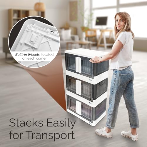 Reli. Minimalist Collapsible Storage Bins 8.4 Gallon (4 Pack) | Stackable Plastic with Lids and Doors | Wheeled Organizer