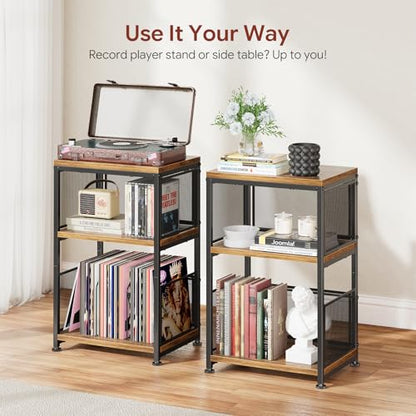 Simple Trending Record Player Stand, Turntable Stand with Vinyl Storage Holds Up to 200 Albums, Large Record Player Table with Adjustable Divider, Rustic Brown - size: End Table with mesh