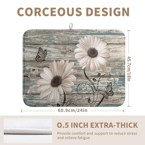 Summer Sunflower Vintage Dish Drying Mats for Kitchen Counter Country Rustic Daisy Farmhouse Kitchen Dishes Dryer Pad Fall Absorbent Dish Mat Microfiber Washable Foldable Reusable Large 18x24 in