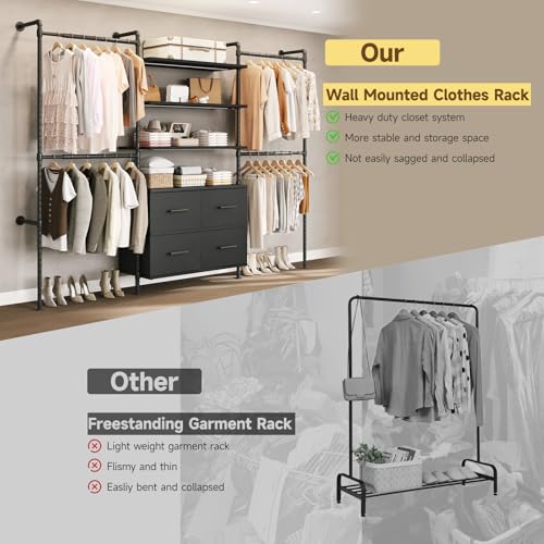 T3 Closet System with Stepless Dimmable LED Light, Industrial Pipe Clothing Rack with 4 Drawers, 6 Wooden Shelves & 4 Telescopic Rods, Heavy Duty Closet Organizers in Wardrobe Closet (Black) - color: Black