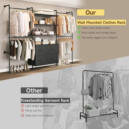 T3 Closet System with Stepless Dimmable LED Light, Industrial Pipe Clothing Rack with 4 Drawers, 6 Wooden Shelves & 4 Telescopic Rods, Heavy Duty Closet Organizers in Wardrobe Closet (Black) - color: Black