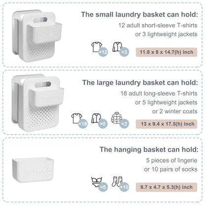 Goderewild Small Collapsible Laundry Basket, Space-Saving Wall-Mounted Hamper with Detachable Mini-Basket, Portable Hanging Organizer for Clothes, Underwear Socks. (White) - size: S + Mini Basket