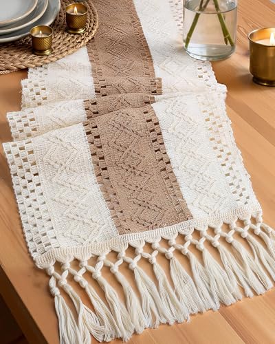 Pureegg Farmhouse Boho Table Runner - 36 Inches, Linen-Textured Woven Tassel Design for Dining Table Decor, Kitchen, Coffee Table & Living Room, 12 x 36 Inch, Brown - color: Brown, size: 12" X 36"