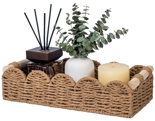CubesLand Toilet Paper Storage Basket Organizer, Small Wicker Toilet Tank Top Decorative Baskets for Countertop, Handwoven Scalloped Basket w/handle for Home Decor, Living Room, Bedroom, Neutral - color: Neutral, size: s - 12.99 X 6.3 X 3.15in