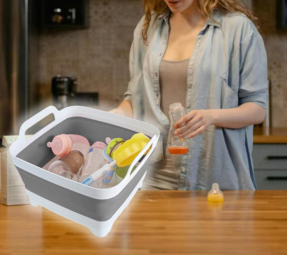 GIMWA Collapsible Wash Basin with Drain Plug - 2.4 Gallon Foldable Kitchen Sink for Baby Bottles, RV Camping, Space-Saving Dish Tub (Gray-Gray) - color: Gray-gray