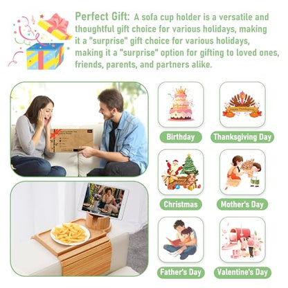 SINWANT Couch Cup Holder Tray,Large Bamboo Couch Armrest Table with Cup Holder,Foldable Anti-Slip Sofa Arm Tray for Coffee Cup,Water Bottles,Mug,Snacks,Remote - color: Bamboo
