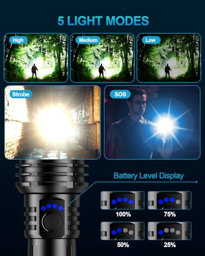 Flashlight 2000 High Lumens, Rechargeable Zoomable LED Tactical Flashlight with Ignition Lens, Emergency Flashlight for Camping Home Security, 5 Modes Waterproof Handheld Flashlights - color: Black