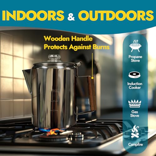 CANWAY Percolator Coffee Pot & Portable Camping Stove Set for Backpacking Hiking Stainless Steel Mini Wood Burning Stove 9 CUP Camping Stovetop Coffee Maker Outdoor Home with Carry Bag - style: Set