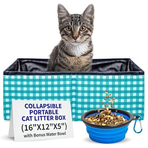 Pet Fit For Life - Vibrant Collapsible Travel Cat Litter Box - Portable, Foldable, Compact Design with Bonus Water Bowl - Ideal for Car & Camping - Reusable, Cats Safe - Teal, (16"x12"x5") - color: Teal