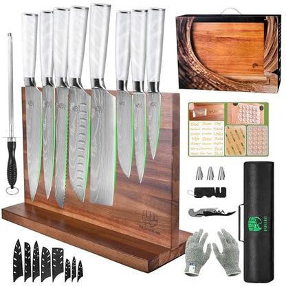 FULLHI 15pcs Japanese Knife Set with Magnetic Knife Block Holder, Stainless Steel Blades, White Resin Ergonomic Handles for Professional and Home Cooking - color: White, size: Magnetic Block Knife set