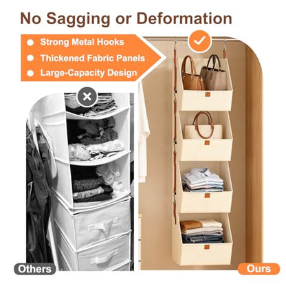 MSJGA 4-Tier Hanging Closet Organizer and Storage with Detachable Bins, Fabric Hanging Shelves for Closet, Dorm, Rv, Space-Saving Collapsible Basket for Handbags, Clothes (47” H)