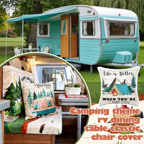 Geyoga 6 Pcs Happy Camper Rv Dinette Cushion Covers Stretch Washable Rv Cushion Covers Camper Accessories for Campers Car Bench, 2 Pillowcase, 2 Backrest and 2 Bench Replacement