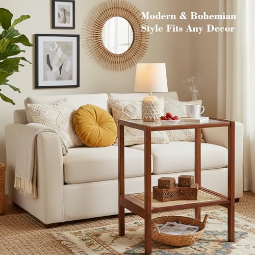 Tiita Rattan Side Table, Mid Century Nightstand, 2-Tier Bamboo Accent Bedside Tables, Glass Coffee Tables, Boho Wooden Narrow End Table with Storage for Small Space, Living Room and Bedroom - color: 2-tier-rattan-brwon
