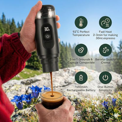 Portable Espresso Maker,Electric Travel Coffee Machine with Self-Heating and 20 Bar Pressure USB-C Rechargeable, Smart Display, 2-in-1 Capsule and Ground Compatible for Camping, RV, Car and Office