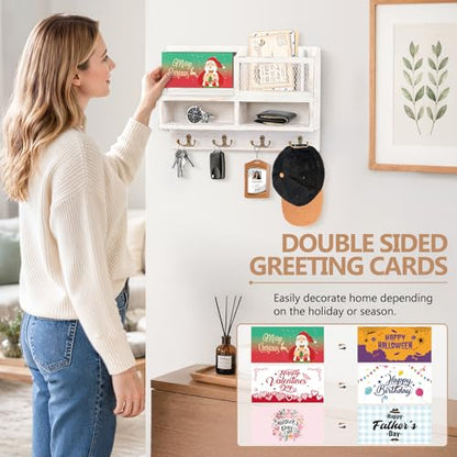 Key Holder Wall Mount, Wooden Mail and Key Organizer with Chalkboard and Mirror, 3 Greeting Cards, 8 Hooks, White - color: White