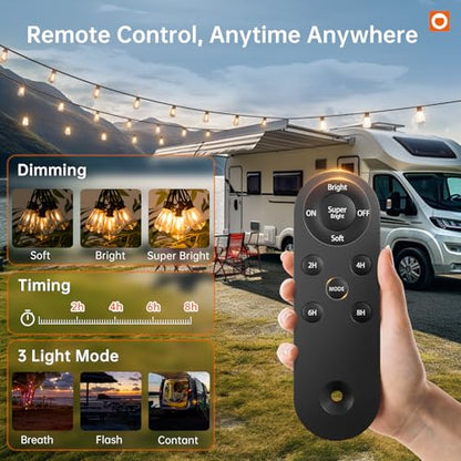 addlon 120FT(114+6) Solar String Lights Outdoor, Waterproof Solar Powered Outside Lights with Remote & USB Port, ST38 LED Shatterproof Bulbs, Dimmable Solar Light for Camping Backyard Porch - size: 120FT