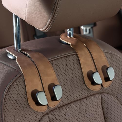CoBak Purse Hook for Car - Universal Premium Stitched Leather and Aluminum-Magnesium Alloy Double Car Seat Back Storage Hook for Purses, Handbags, Bags (2 Pack),Brown - color: Brown, size: 2-Hooks