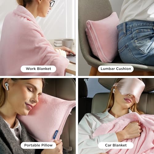 Bedsure Travel Blanket Airplane Compact with Storage Bag, Packable Blanket with Eye Mask, Lightweight 2-in-1 Travel Essentials, Functioned as Pillow for Airplane Comfort and Warmth, Pink - color: Pink