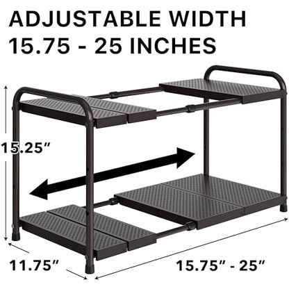 Simple Houseware Under Sink 2-Tier Heavy Duty Expandable Rack Organizer, Adjustable Width 15.75–25 Inches with 4 Shelf Height Levels, Bronze - color: Bronze