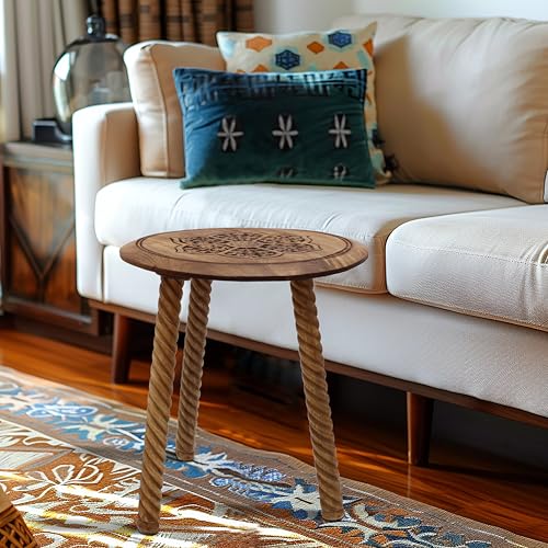 COTTON CRAFT Solid Wood End Table - Hand Carved Accent Table - Global Boho Side Table - Easy to Assemble Round Table - Small Spaces Entryway Living Room Bedside Farmhouse - 18 Inches Round - Natural - color: Natural, size: 18x18x18