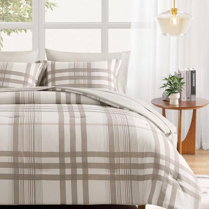 MaiRêve Full Size Comforter Set Brown Grey, Classic Plaid Farmhouse Bedding Sets 7 Pieces, All Season Lightweight Bed in a Bag with Sheets, Pillowcases & Shams - color: Brown Grey, size: Full