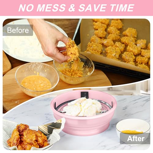 FJNATINH Collapsible Batter Bowl - Mess Free Better Breader Shaker Bowl with Lid Breading Shaker Container - Great for Fried Fish, Fried Chicken, Onion Rings, Wings & More,No Leak,Easy to Store,Pink - color: Pink