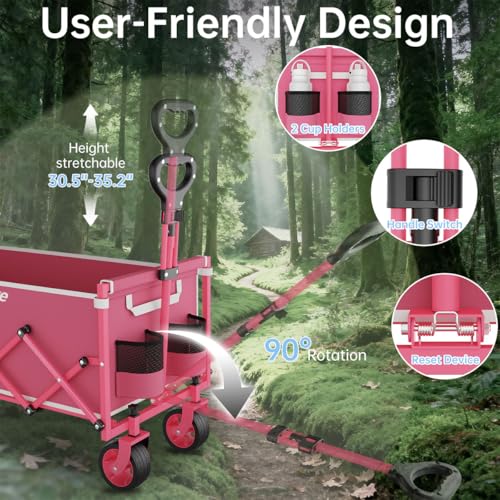 Extra Long Collapsible Wagon Cart, 480LBS Heavy Duty Utility Wagons with All-Terrain Wheels, Foldable Grocery Carts for Gardening, Shopping, Beach, Camping, Rose Pink - color: Rose Pink